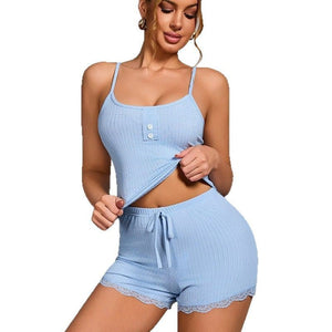 The Ribbed Breeze | Solid Color Strap Cami & Shorts Sleep Set - Negative Apparel