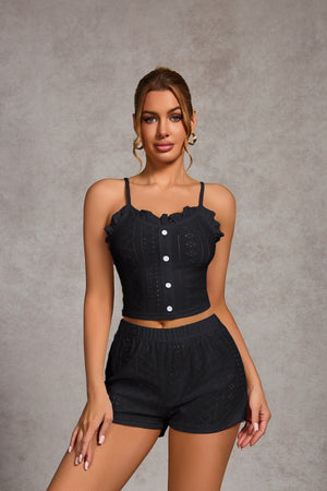 The Ruffle Allure | Solid Color Strap Cami & Shorts Sleep Set - Negative Apparel