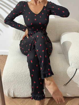 The Ruffle Charm | Solid Color Long - Sleeve Top & Pants Pajama Set - Negative Apparel