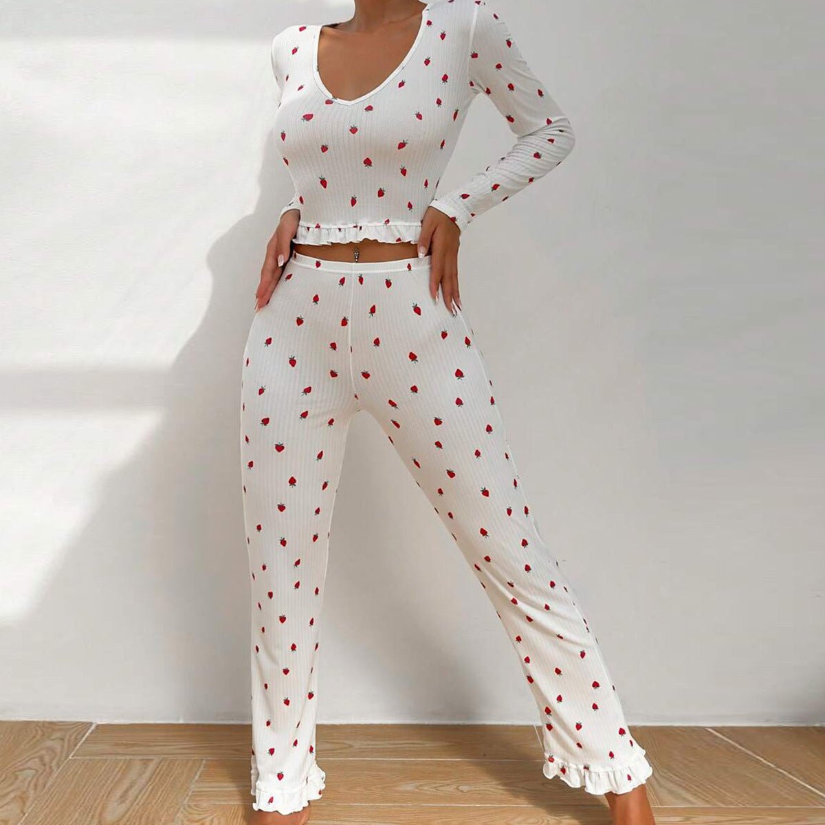 The Ruffle Charm | Solid Color Long - Sleeve Top & Pants Pajama Set - Negative Apparel