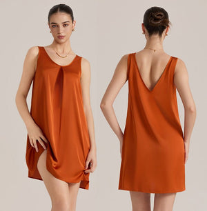 The Satin Charm | Solid Color V - Neck Sleeveless Satin Midi Sleep Dress - Negative Apparel