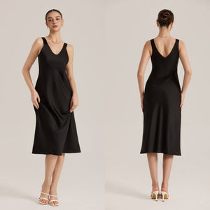 The Satin Desire | Solid Color V - Neck Sleeveless Satin Maxi Slip Sleep Dress - Negative Apparel