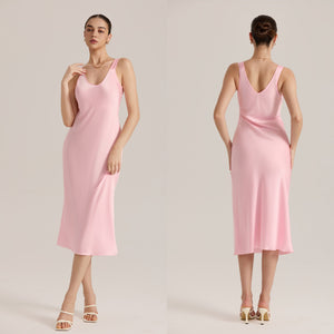 The Satin Desire | Solid Color V - Neck Sleeveless Satin Maxi Slip Sleep Dress - Negative Apparel