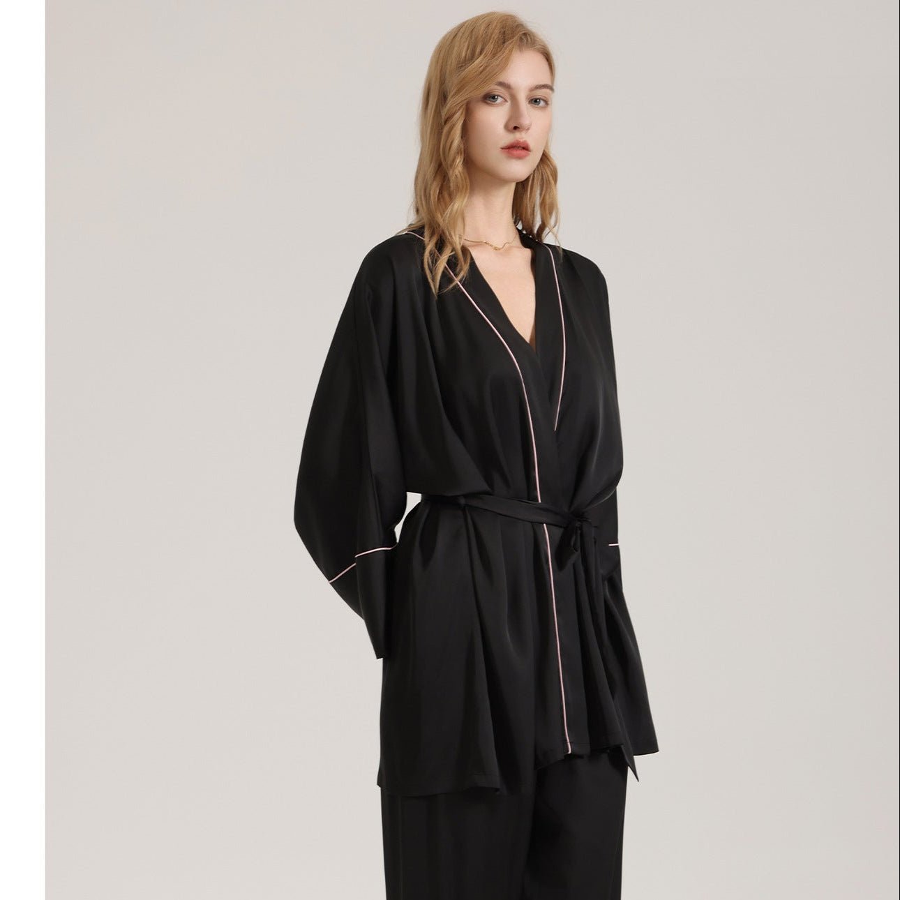 The Satin Elegance | Solid Black V - Neck Long - Sleeve Top & Pants Sleep Set - Negative Apparel