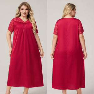 The Satin Flow | Solid Color V - Neck Short - Sleeve Maxi Sleep Dress - Negative Apparel