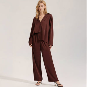 The Satin Grace | Solid Color V - Neck Long - Sleeve Top & Pants Sleep Set - Negative Apparel