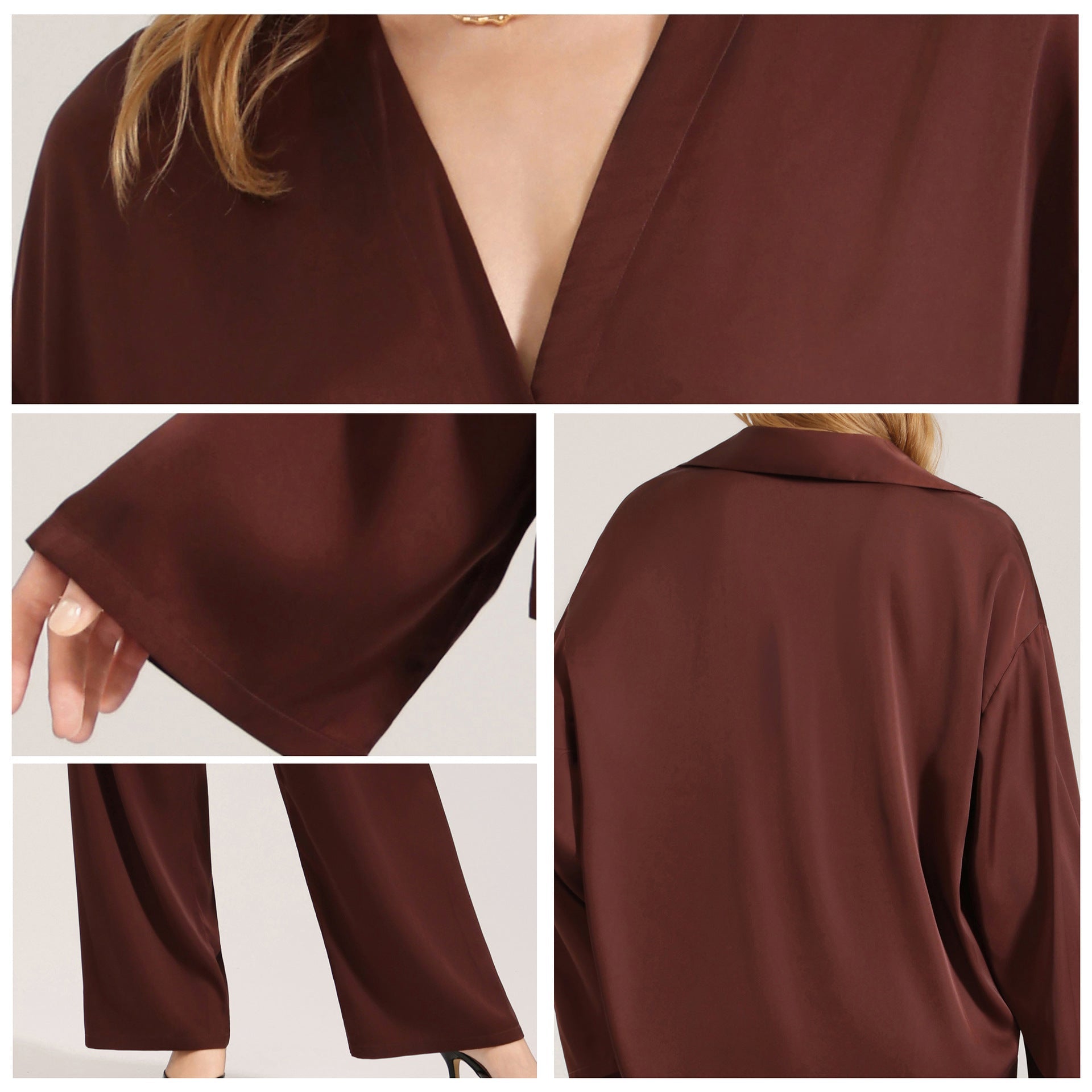 The Satin Grace | Solid Color V - Neck Long - Sleeve Top & Pants Sleep Set - Negative Apparel