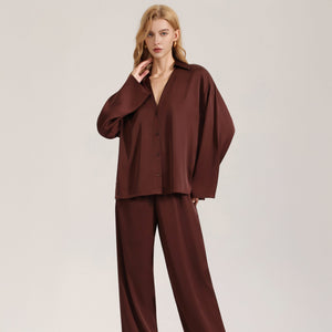 The Satin Grace | Solid Color V - Neck Long - Sleeve Top & Pants Sleep Set - Negative Apparel
