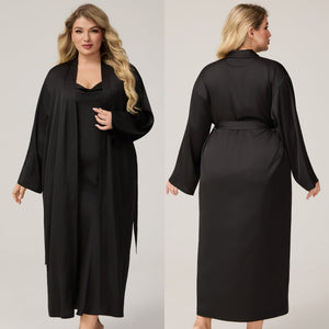 The Satin Seduction | Women's Plus - Size Long - Sleeve Satin Robe & Chemise Set - Negative Apparel