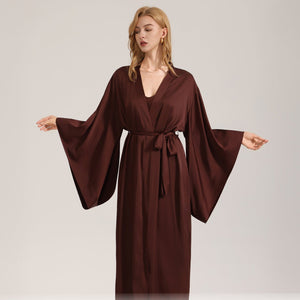 The Satin Serenity | Solid Coffee V - Neck Long - Sleeve Maxi Robe - Negative Apparel