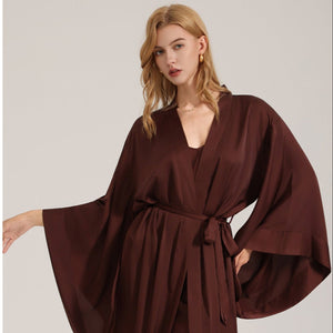 The Satin Serenity | Solid Coffee V - Neck Long - Sleeve Maxi Robe - Negative Apparel