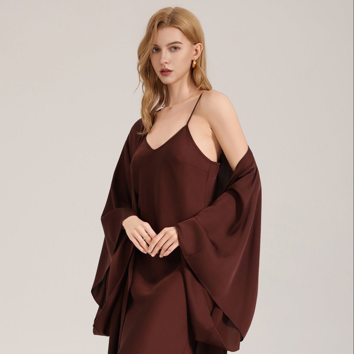 The Satin Whisper | Solid Color Satin Robe & Slip Dress Two - Piece Set - Negative Apparel