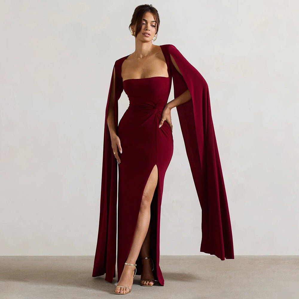 The Scarlet Siren | Women's Square Collar High - Split Long - Sleeve Maxi Dress - Negative Apparel