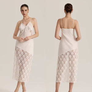 The Sheer Desire | White Lace Satin Patchwork Maxi Slip Sleep Dress - Negative Apparel