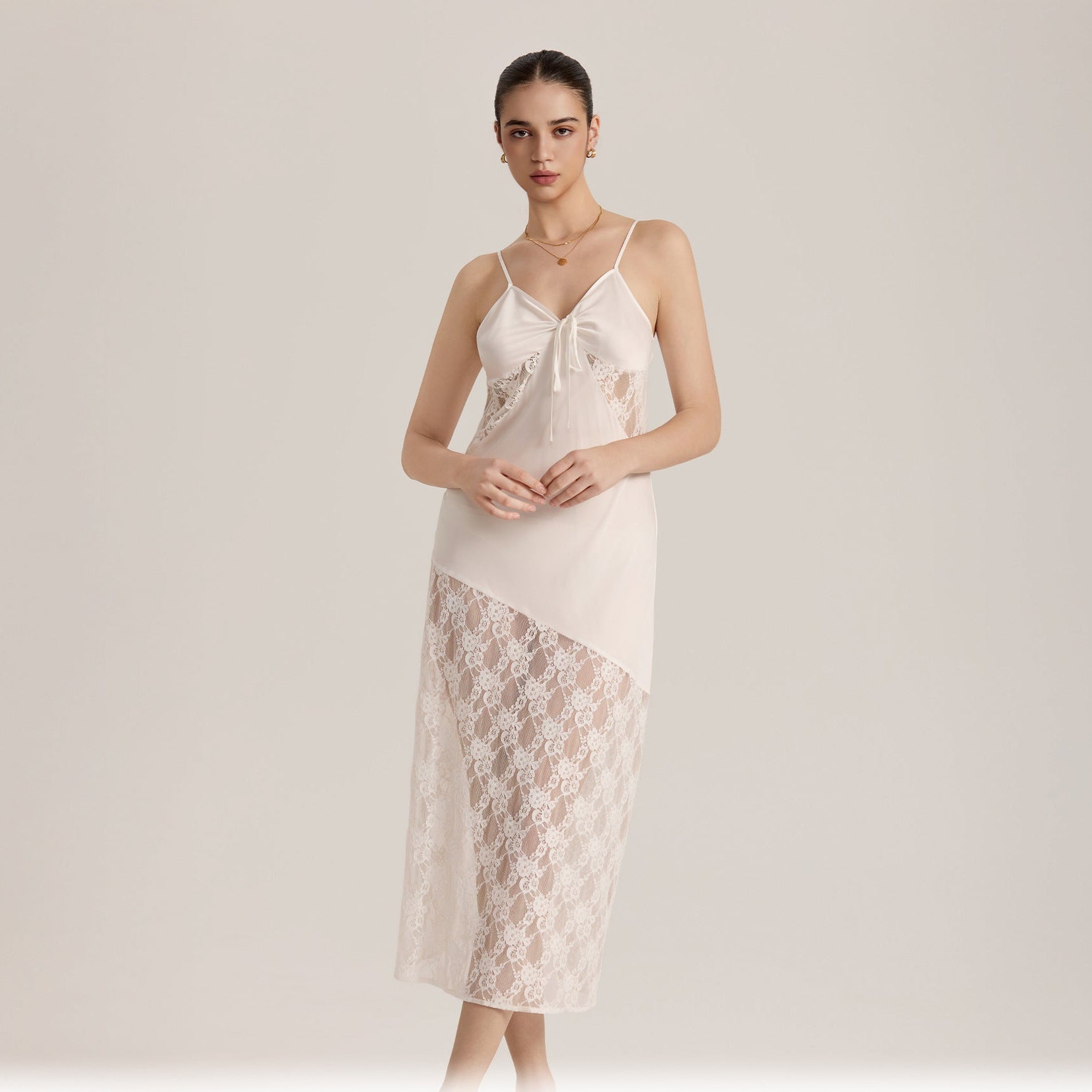 The Sheer Desire | White Lace Satin Patchwork Maxi Slip Sleep Dress - Negative Apparel