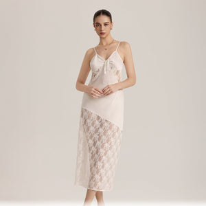 The Sheer Desire | White Lace Satin Patchwork Maxi Slip Sleep Dress - Negative Apparel