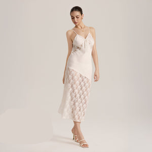 The Sheer Desire | White Lace Satin Patchwork Maxi Slip Sleep Dress - Negative Apparel