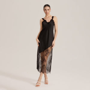 The Sheer Seduction | Black Lace Patchwork Asymmetrical Hem Satin Maxi Slip Sleep Dress - Negative Apparel