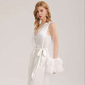 The Sheer Temptation | White Satin Mesh Long Robe Sleepwear - Negative Apparel