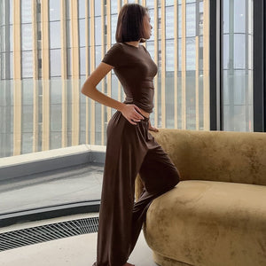 The Slim Cozy | Solid Color Round - Neck Short - Sleeve Top & Pants Pajama Set - Negative Apparel