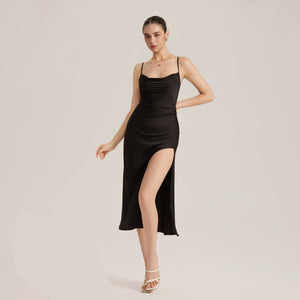 The Slit Seduction | Black Satin High - Slit Crisscross Back Maxi Slip Dress - Negative Apparel