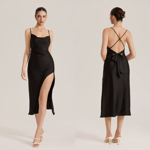 The Slit Seduction | Black Satin High - Slit Crisscross Back Maxi Slip Dress - Negative Apparel