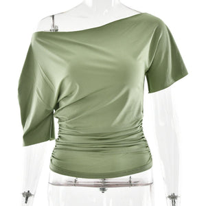 The Spice Shoulder | Women's Ruched One - Shoulder Slim Short - Sleeve Top - Negative Apparel