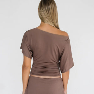 The Spice Shoulder | Women's Ruched One - Shoulder Slim Short - Sleeve Top - Negative Apparel