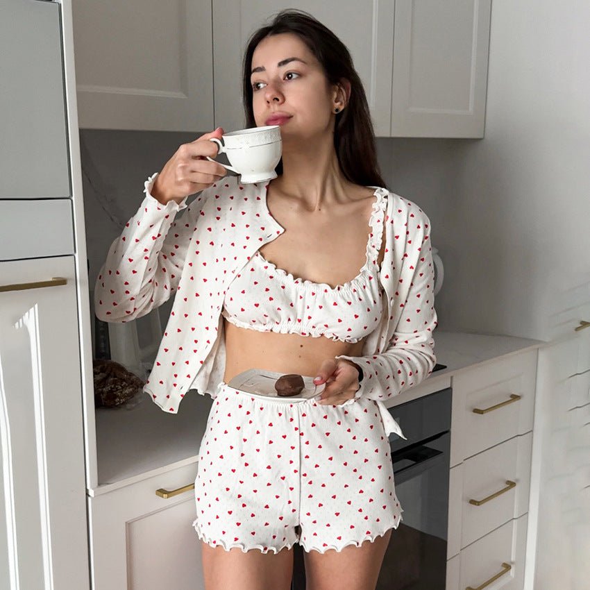 The Sweetheart Suite | 3 - Piece Heart - Print Ruffle Loungewear Set - Negative Apparel