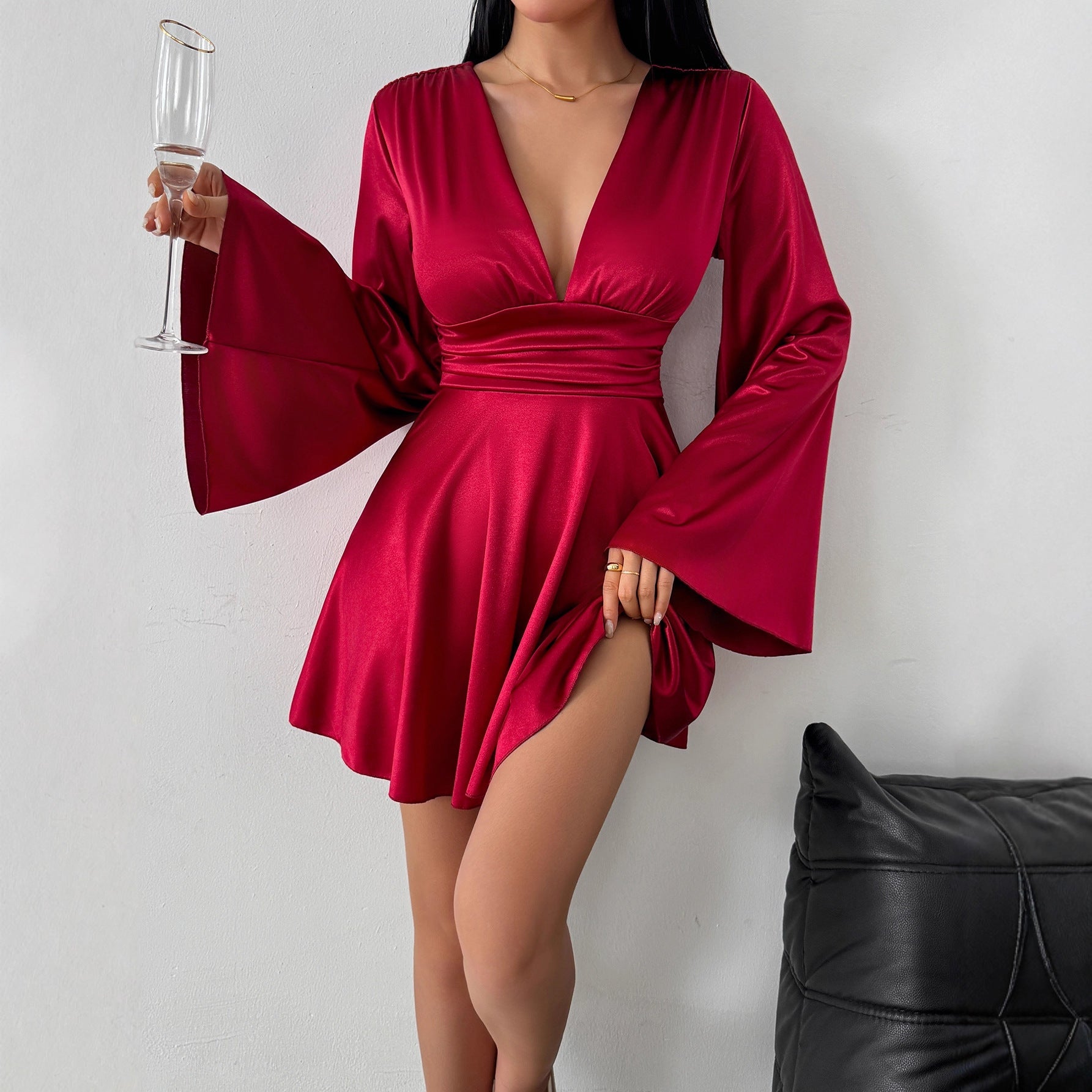 The Velvet Autumn | Women's Long - Sleeve V - Neck A - Line Midi Dress - Negative Apparel