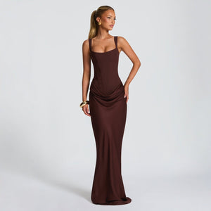 The Velvet Siren | Women's Long - Sleeve Fishbone Slim - Fit Cami Maxi Dress - Negative Apparel