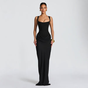 The Velvet Siren | Women's Long - Sleeve Fishbone Slim - Fit Cami Maxi Dress - Negative Apparel