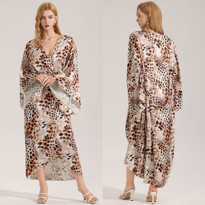 The Wild Luxe | Leopard Print Satin Long Robe Sleepwear - Negative Apparel
