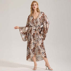 The Wild Luxe | Leopard Print Satin Long Robe Sleepwear - Negative Apparel