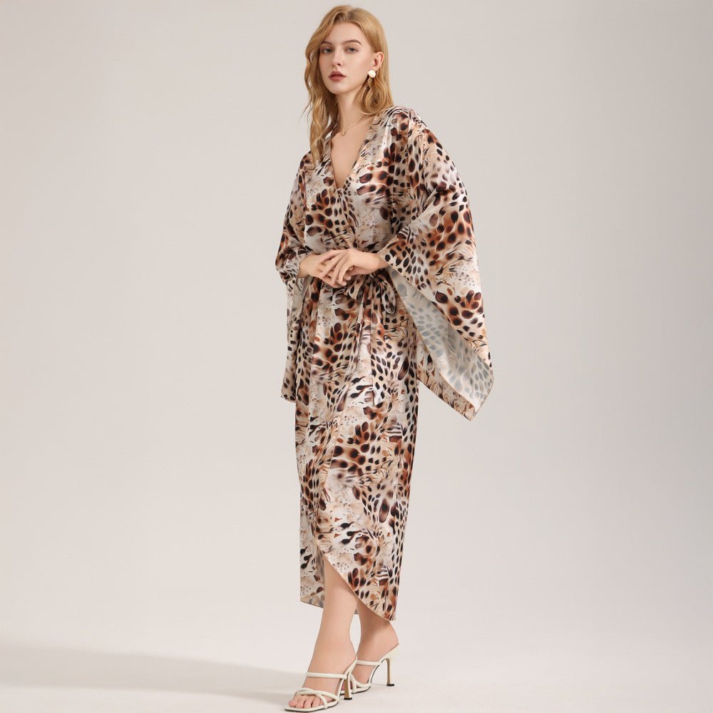 The Wild Luxe | Leopard Print Satin Long Robe Sleepwear - Negative Apparel