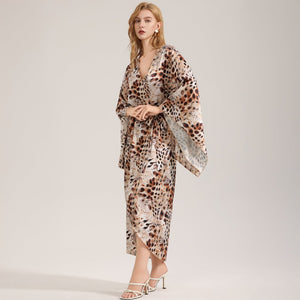 The Wild Luxe | Leopard Print Satin Long Robe Sleepwear - Negative Apparel