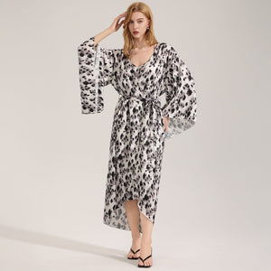 The Wild Party | Women's Leopard Print Satin Long Robe - Negative Apparel