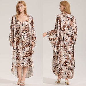 The Wild Party | Women's Printed Satin Suspender Chemise & Long Robe Two - Piece Set - Negative Apparel