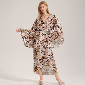 The Wild Party | Women's Printed Satin Suspender Chemise & Long Robe Two - Piece Set - Negative Apparel