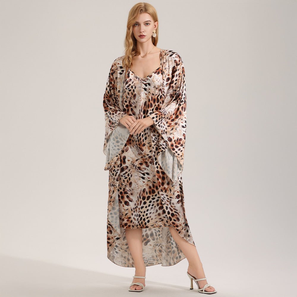 The Wild Party | Women's Printed Satin Suspender Chemise & Long Robe Two - Piece Set - Negative Apparel