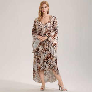 The Wild Party | Women's Printed Satin Suspender Chemise & Long Robe Two - Piece Set - Negative Apparel