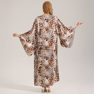 The Wild Party | Women's Printed Satin Suspender Chemise & Long Robe Two - Piece Set - Negative Apparel