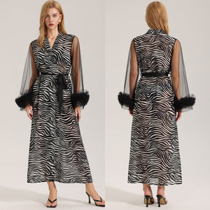 The Zebra Pearl | Women's Zebra Print Pearl Chiffon Long - Sleeve Robe - Negative Apparel