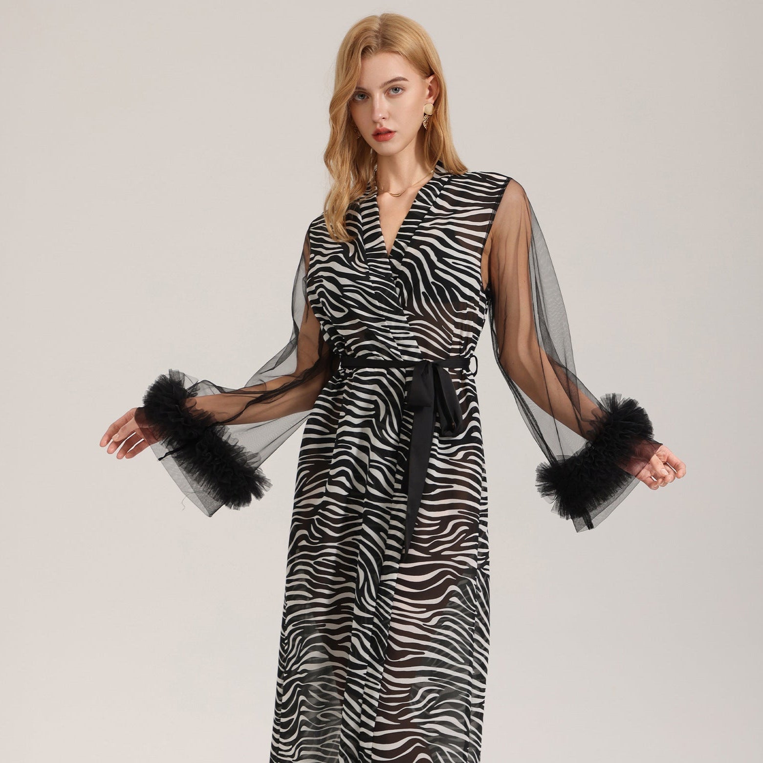 The Zebra Pearl | Women's Zebra Print Pearl Chiffon Long - Sleeve Robe - Negative Apparel
