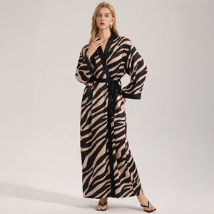 The Zebra Silk | Zebra Print One - Shoulder Long - Sleeve Satin Maxi Robe - Negative Apparel