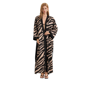 The Zebra Silk | Zebra Print One - Shoulder Long - Sleeve Satin Maxi Robe - Negative Apparel