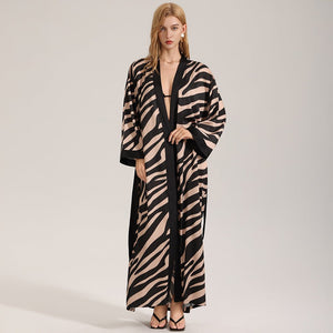 The Zebra Silk | Zebra Print One - Shoulder Long - Sleeve Satin Maxi Robe - Negative Apparel