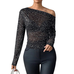 Thin chiffon hot diamond European and American T-shirt slanted shoulder long - sleeved top women - Negative Apparel