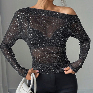 Thin chiffon hot diamond European and American T-shirt slanted shoulder long - sleeved top women - Negative Apparel