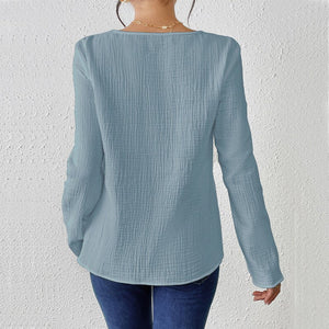 Thin solid color long - sleeved shirt women's spring and summer thin cotton and linen pullover shirt - Negative Apparel